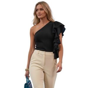 Anthropologie One Shoulder Ruffled Black Texture Women's Blouse Size LARGE